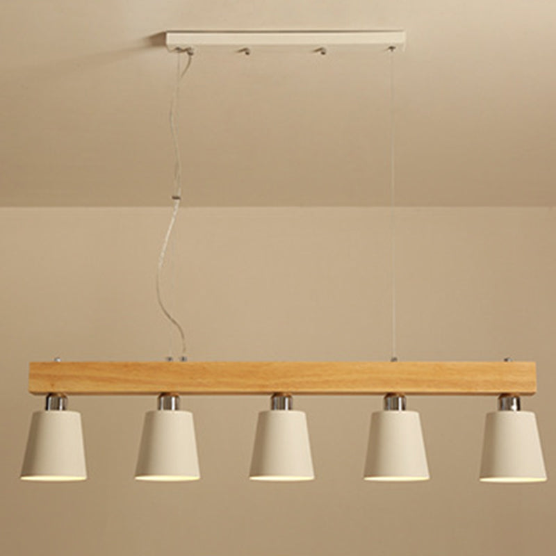 Linear Wooden Island Light Fixture Nordic Suspension Light with Tapered Metal Shade