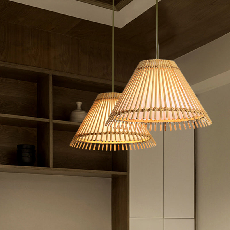 Bamboo Cone Ceiling Lamp Modern 1 Bulb Hanging Pendant Light in Wood for Living Room