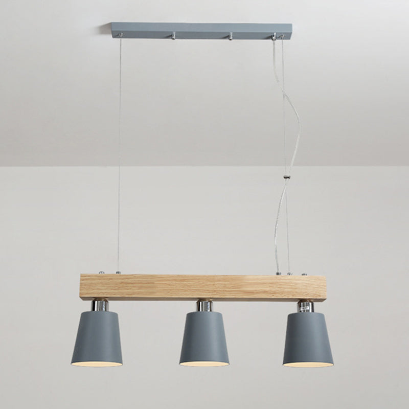 Linear Wooden Island Light Fixture Nordic Suspension Light with Tapered Metal Shade