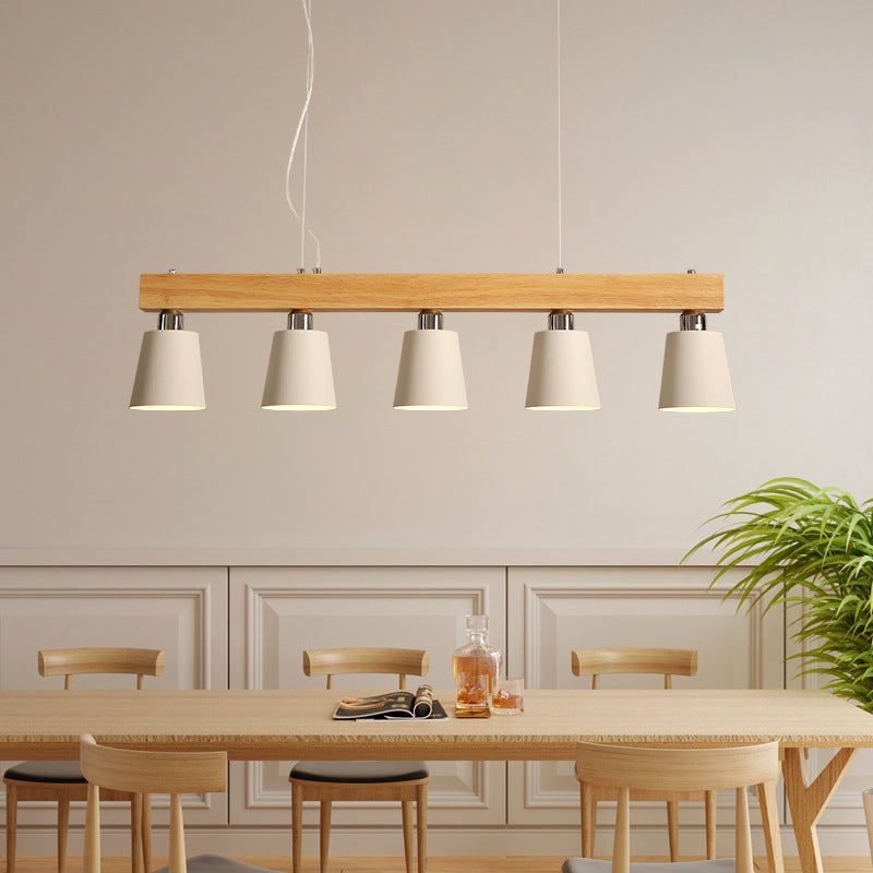 Linear Wooden Island Light Fixture Nordic Suspension Light with Tapered Metal Shade