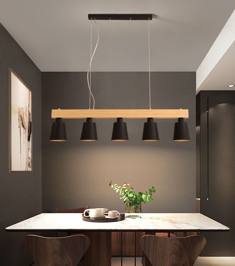 Linear Wooden Island Light Fixture Nordic Suspension Light with Tapered Metal Shade