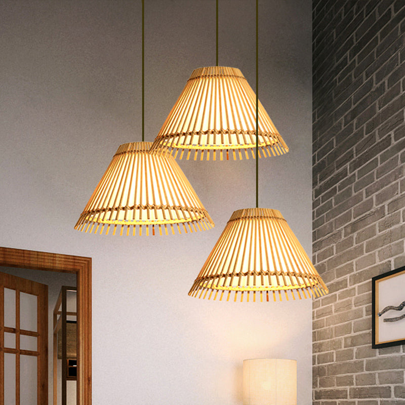 Bamboo Cone Ceiling Lamp Modern 1 Bulb Hanging Pendant Light in Wood for Living Room