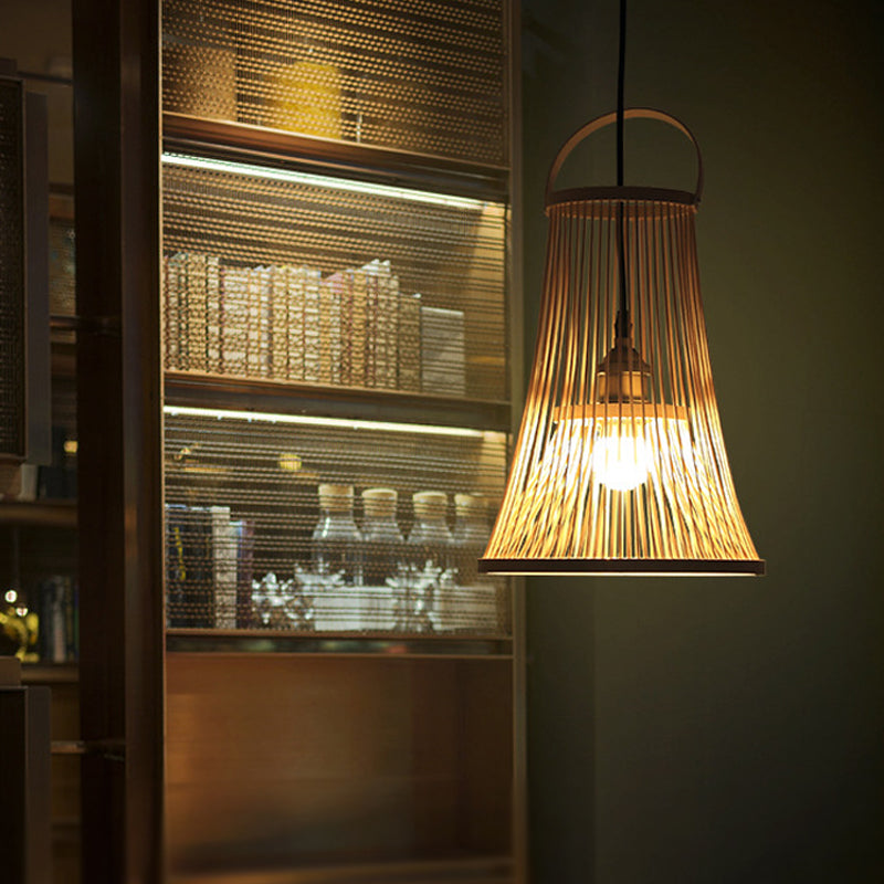 1 Bulb Wide Flare Pendant Lighting Modernist Bamboo Hanging Light Fixture in Wood