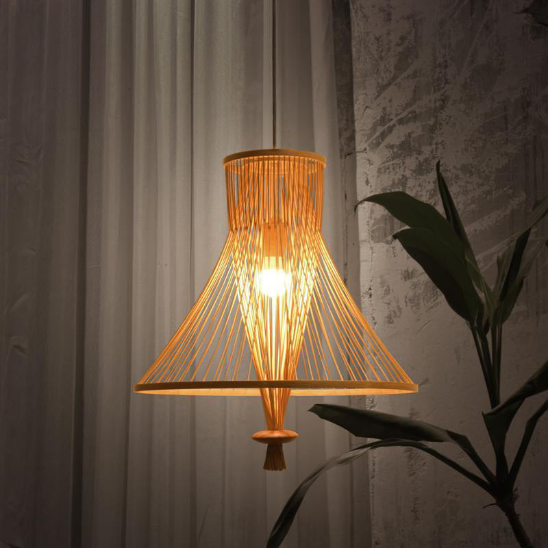 Cone Suspension Pendant Retro Bamboo 1 Bulb Wood Hanging Light Kit for Guesthouse