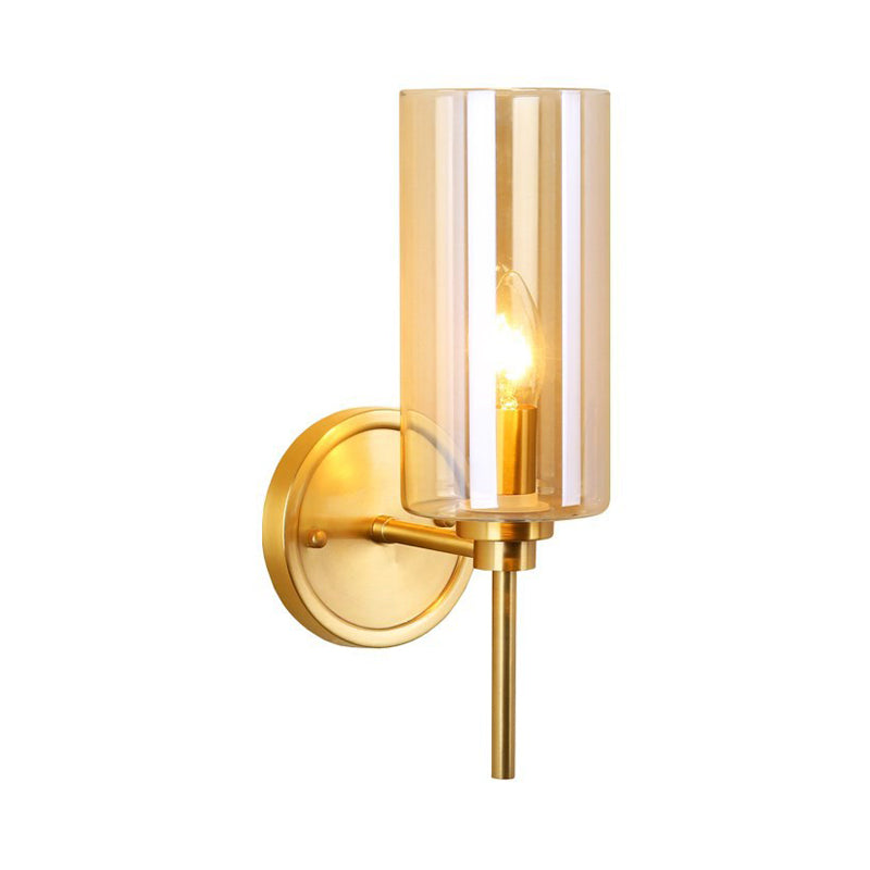 Colonial Cylinder Wall Mount Light Single Bulb Clear Glass Wall Lighting Fixture in Brass