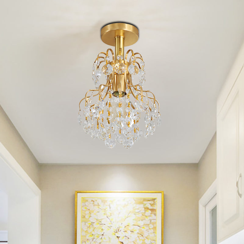 Brass Finish Geometric Semi Flush Ceiling Light Contemporary Metal and Crystal 1 Light Ceiling Light Fixture