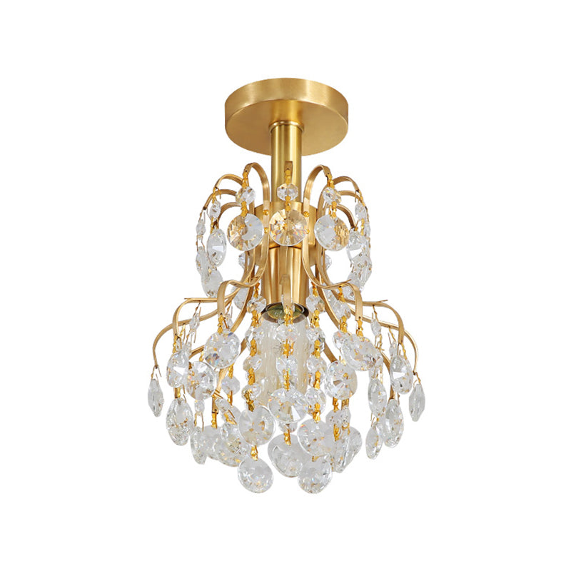 Brass Finish Geometric Semi Flush Ceiling Light Contemporary Metal and Crystal 1 Light Ceiling Light Fixture
