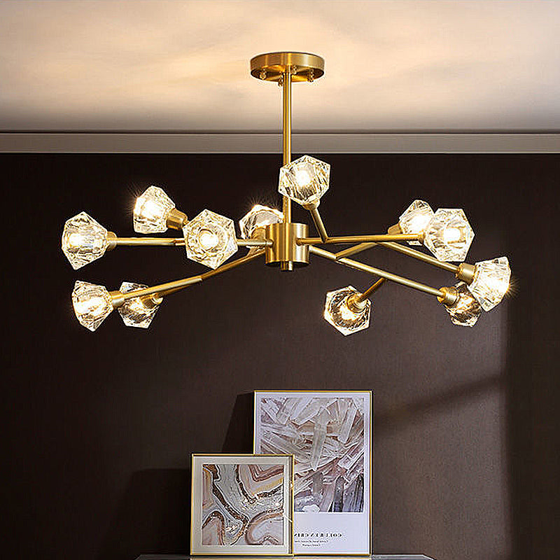 12-Light Metal Sputnik Chandelier, Unique Linear Ceiling Light With Crystal Shade