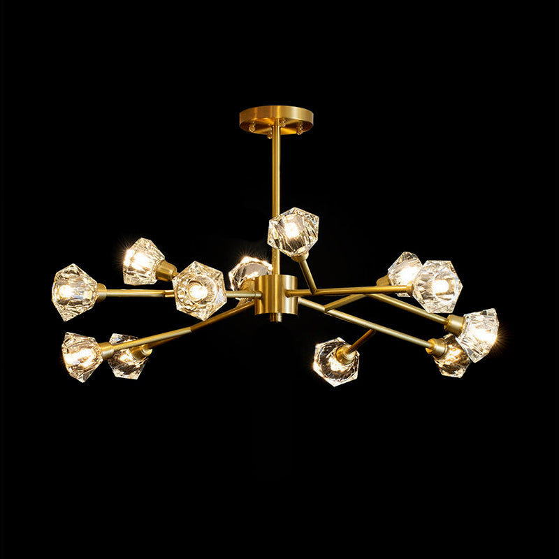 12-Light Metal Sputnik Chandelier, Unique Linear Ceiling Light With Crystal Shade