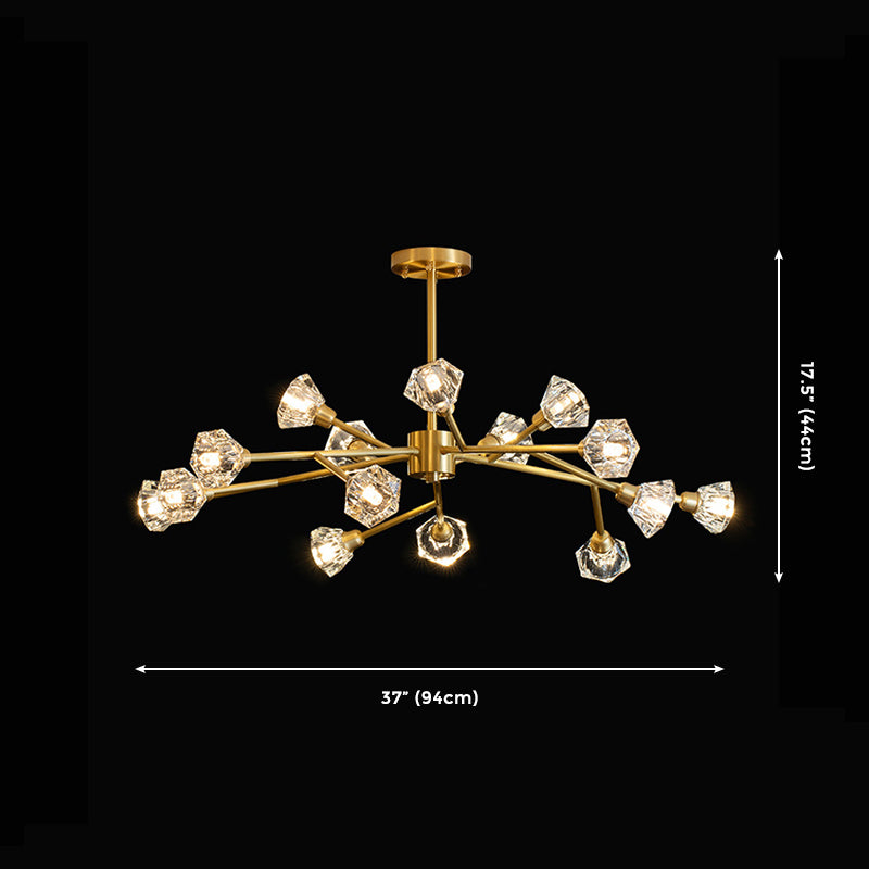 15-Light Metal Sputnik Chandelier, Unique Linear Ceiling Light With Crystal Shade