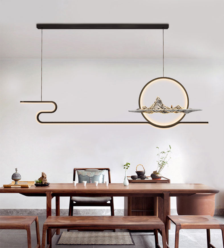 Chinese Minimalist Style Linear Island Pendant Lighting LED Metal Island Ceiling Light for Living Room