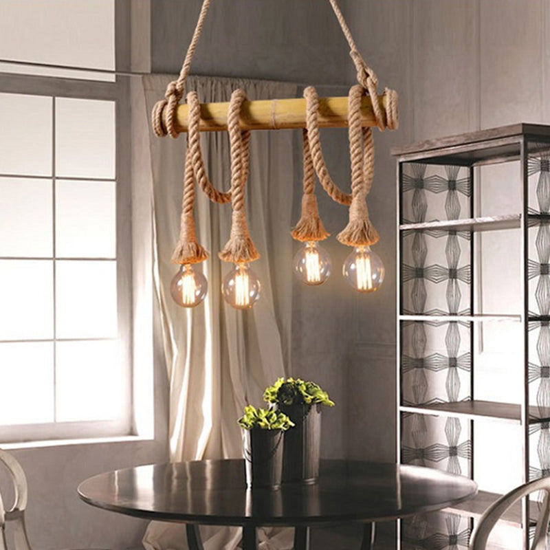 Vintage Hemp Rope Chandelier Industrial Retro Linear Exposed Bulb Bamboo Pendant for Restaurant