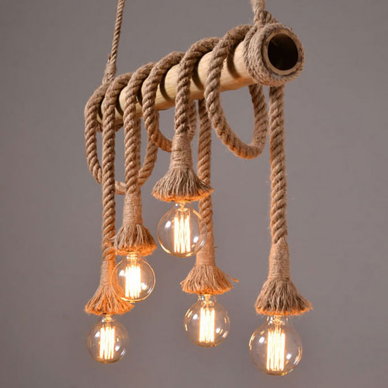 Vintage Hemp Rope Chandelier Industrial Retro Linear Exposed Bulb Bamboo Pendant for Restaurant