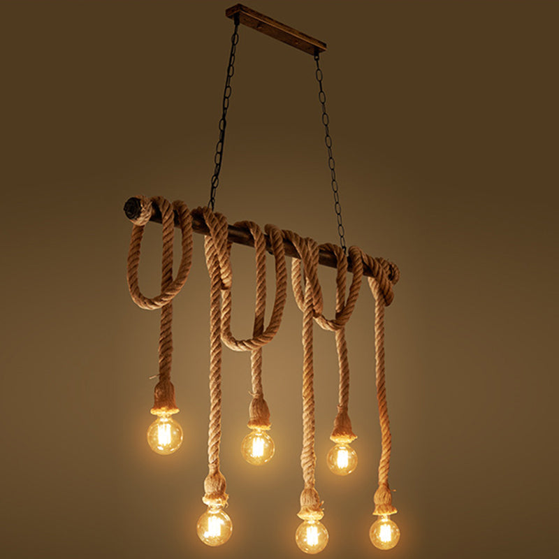 Vintage Hemp Rope Chandelier Industrial Retro Linear Exposed Bulb Pipe Pendant for Restaurant