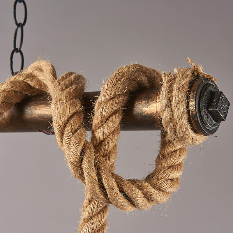 Vintage Hemp Rope Chandelier Industrial Retro Linear Exposed Bulb Pipe Pendant for Restaurant