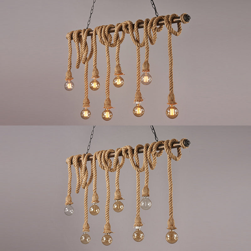 Vintage Hemp Rope Chandelier Industrial Retro Linear Exposed Bulb Pipe Pendant for Restaurant