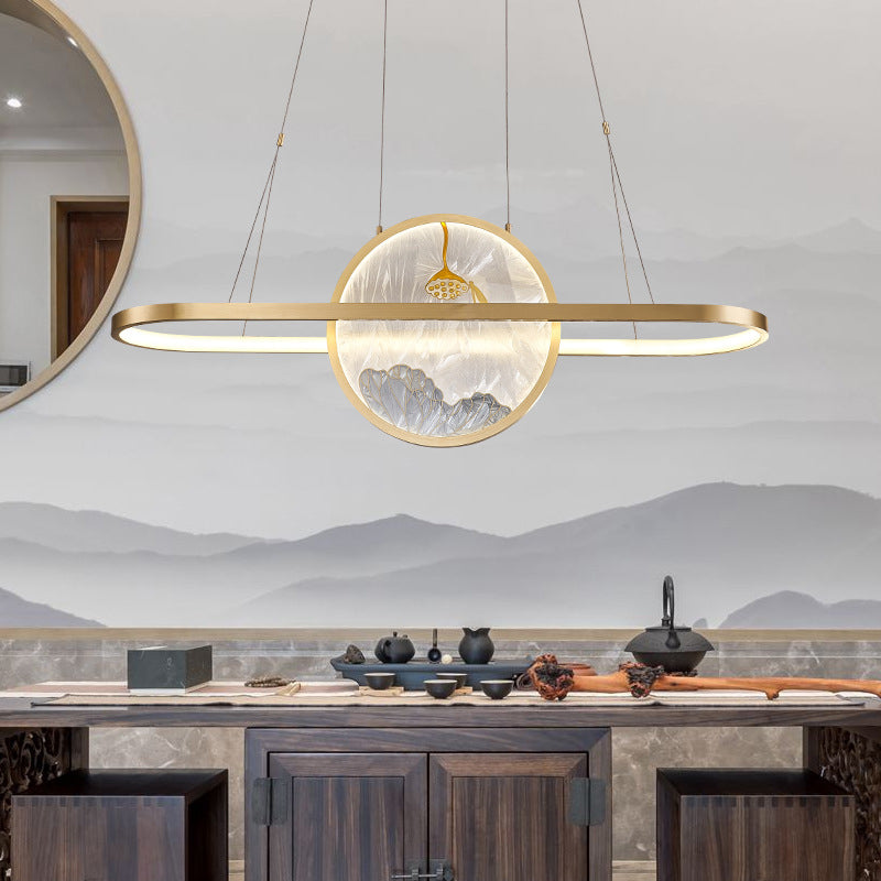 Chinese Style Gold Round Linear Island Pendant Lighting LED Metal Island Ceiling Light for Living Room