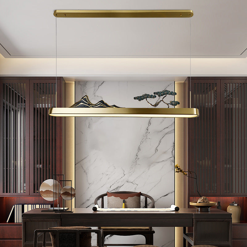 Chinese Luxurious Gold LED Island Pendant Lighting Metal Linear Island Ceiling Light for Tearoom