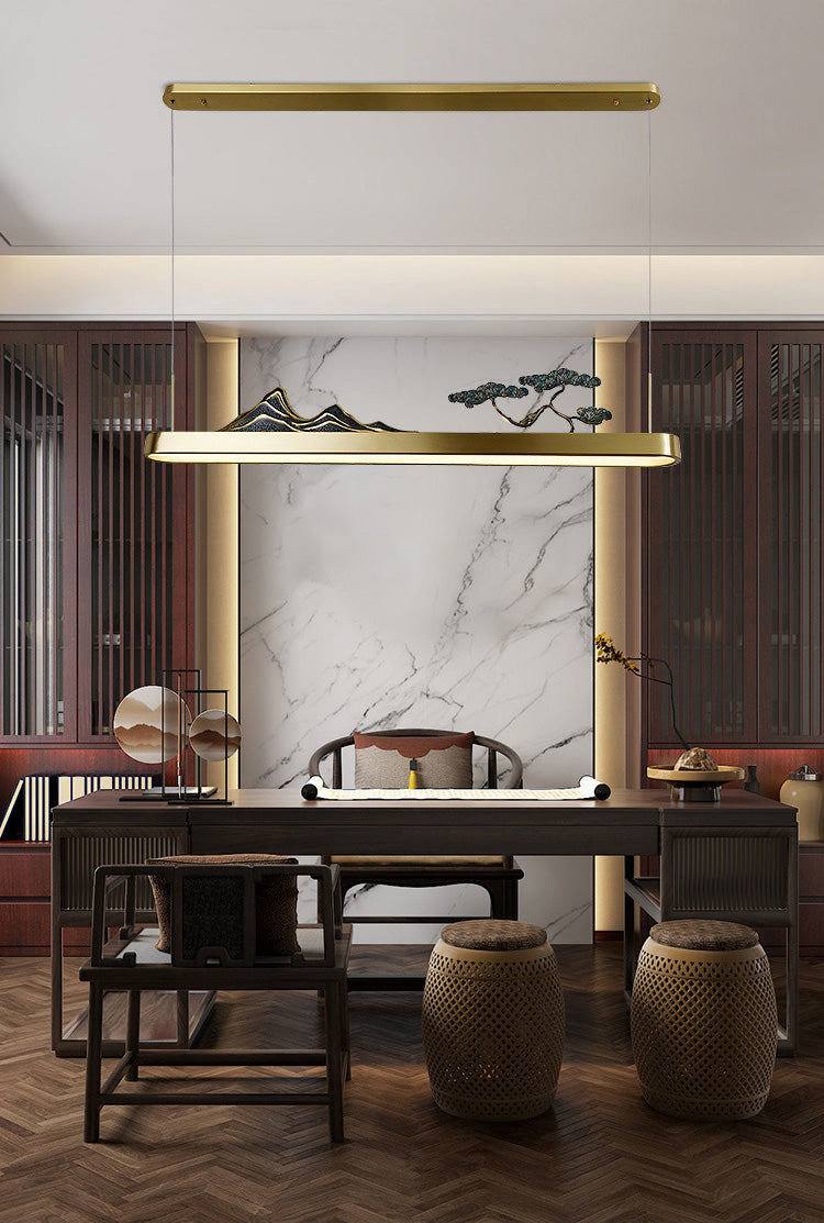 Chinese Luxurious Gold LED Island Pendant Lighting Metal Linear Island Ceiling Light for Tearoom
