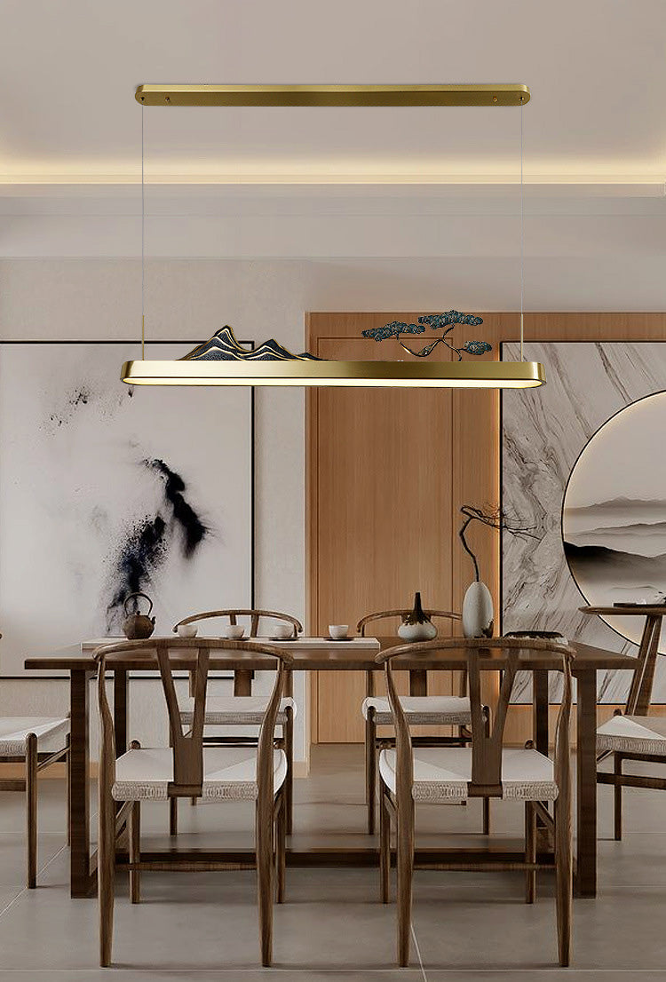 Chinese Luxurious Gold LED Island Pendant Lighting Metal Linear Island Ceiling Light for Tearoom