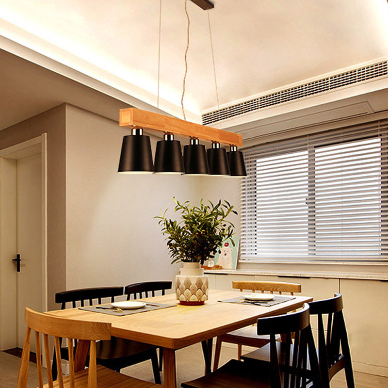 Nordic Minimalist Metal Cone Shades Hanging Light Linear Wood Restaurant Island Light in Black
