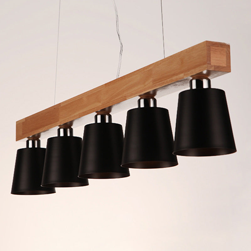 Nordic Minimalist Metal Cone Shades Hanging Light Linear Wood Restaurant Island Light in Black