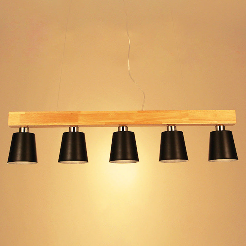 Nordic Minimalist Metal Cone Shades Hanging Light Linear Wood Restaurant Island Light in Black