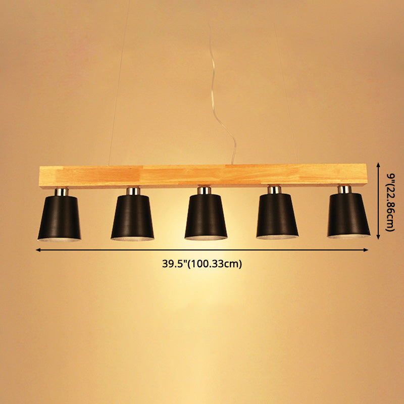 Nordic Minimalist Metal Cone Shades Hanging Light Linear Wood Restaurant Island Light in Black