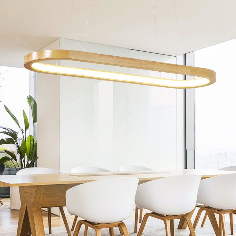 Modern Minimalist Oval Island Light LED Wooden Strip Restaurant Pendant Lighting