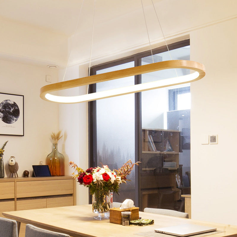 Modern Minimalist Oval Island Light LED Wooden Strip Restaurant Pendant Lighting