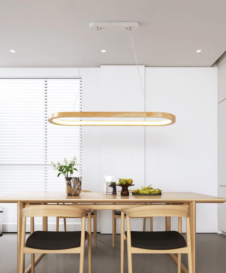 Modern Minimalist Oval Island Light LED Wooden Strip Restaurant Pendant Lighting