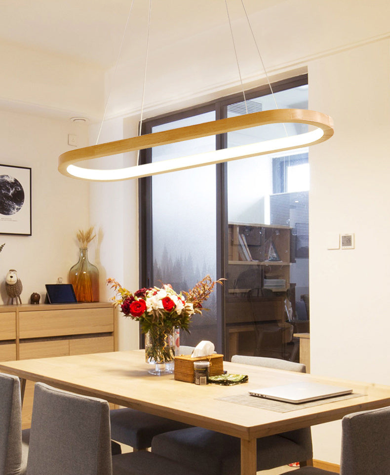 Modern Minimalist Oval Island Light LED Wooden Strip Restaurant Pendant Lighting