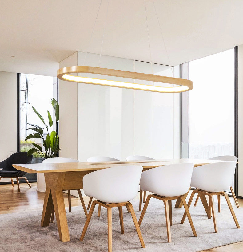 Modern Minimalist Oval Island Light LED Wooden Strip Restaurant Pendant Lighting