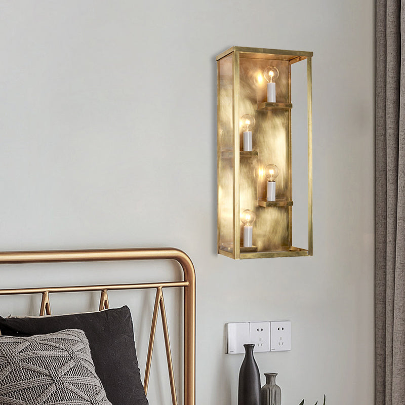 Cuboid Box Wall Mount Light Vintage Metallic and Clear Glass 4 Bulbs Gold/Black Sconce Light