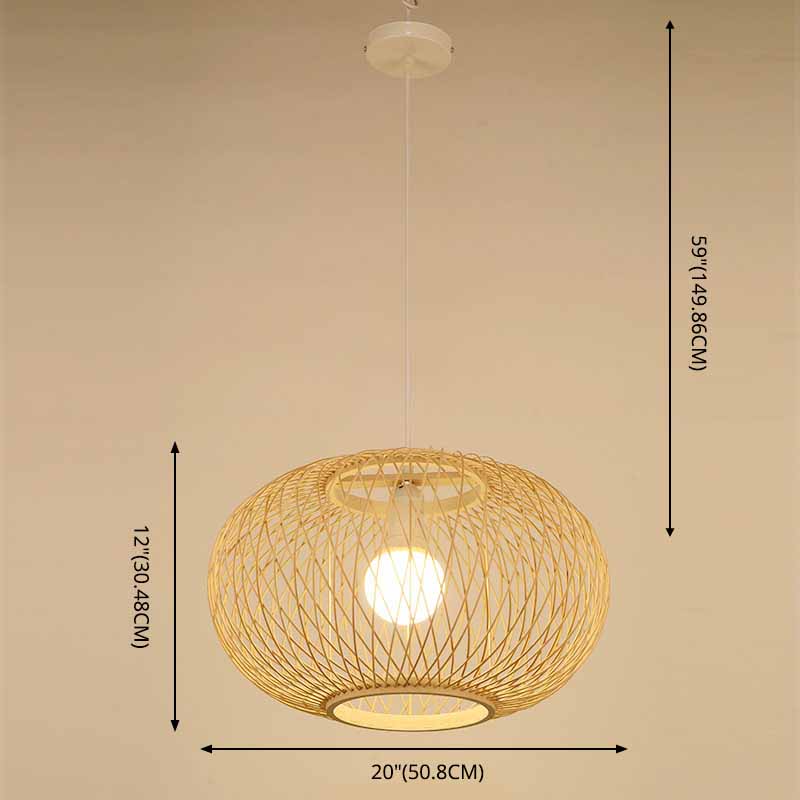 Chinese Round Lantern Ceiling Light Beige Bamboo 1 Light Restaurant Hanging Pendant Lighting