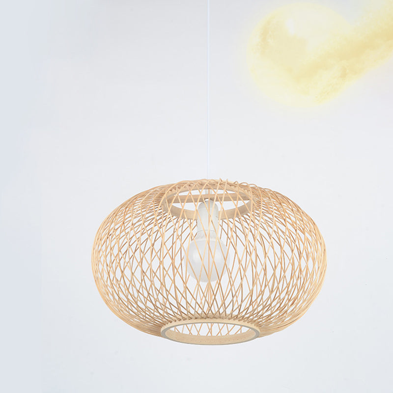 Chinese Round Lantern Ceiling Light Beige Bamboo 1 Light Restaurant Hanging Pendant Lighting