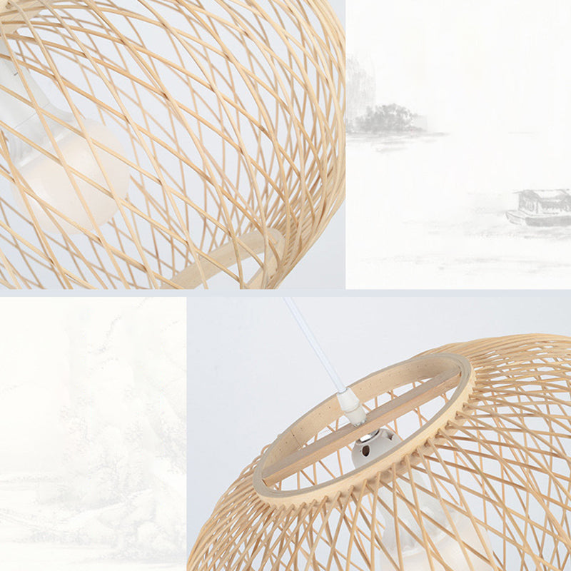 Chinese Round Lantern Ceiling Light Beige Bamboo 1 Light Restaurant Hanging Pendant Lighting