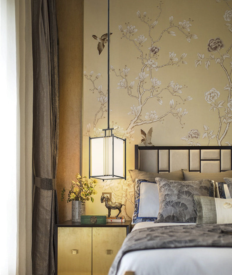 Rectangle Fabric Shade Pendant Hanging Lamp Chinese Style 1 Light Bedroom Hanging Ceiling Light