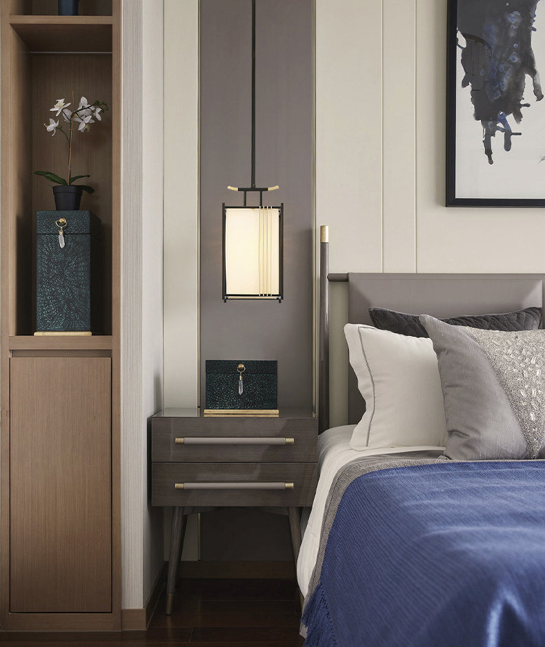 Rectangle Fabric Shade Pendant Hanging Lamp Chinese Style 1 Light Bedroom Hanging Ceiling Light