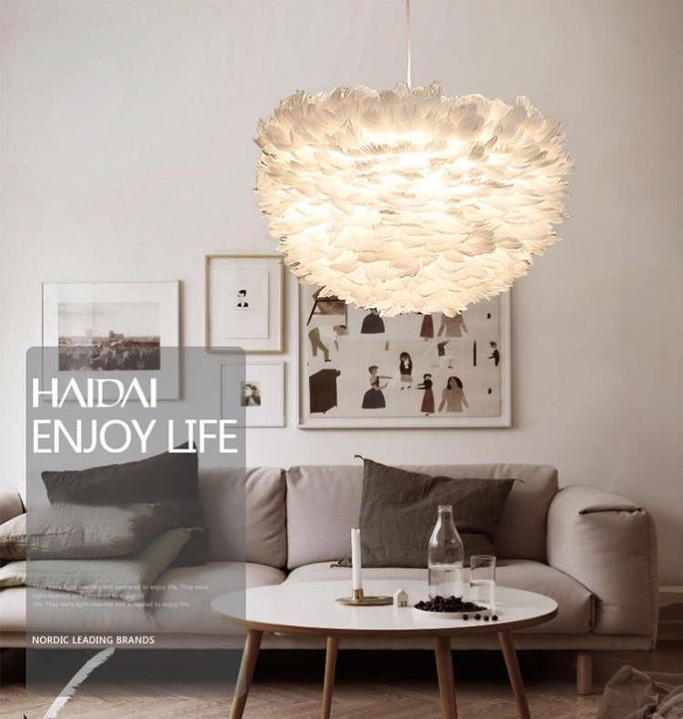 Art Deco White Feather Pendant Lighting Modern Nordic Creative Globe Hanging Ceiling Light for Bedroom