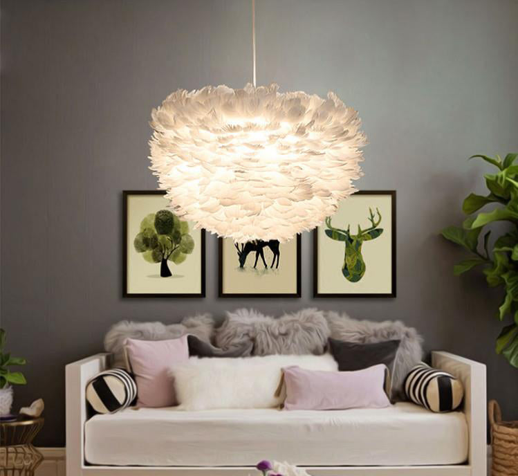 Art Deco White Feather Pendant Lighting Modern Nordic Creative Globe Hanging Ceiling Light for Bedroom