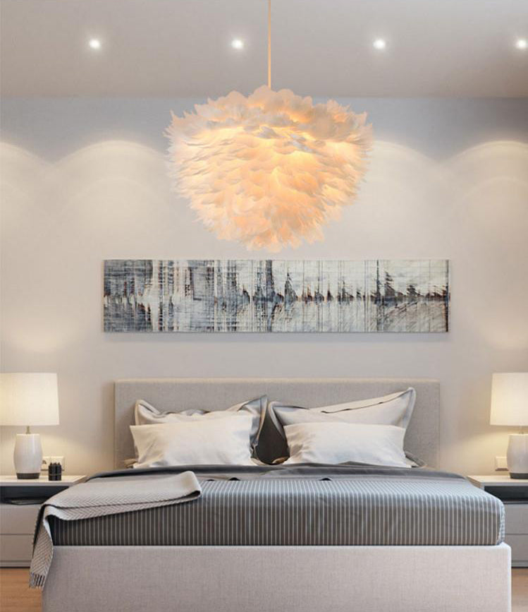 Art Deco White Feather Pendant Lighting Modern Nordic Creative Globe Hanging Ceiling Light for Bedroom