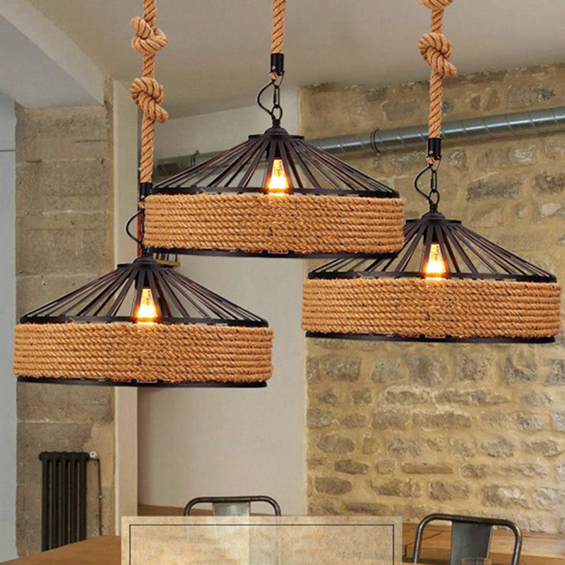 Vintage Black Mongolian Yurt Ceiling Light Hemp Rope1 Light Restaurant Hanging Pendant Lighting