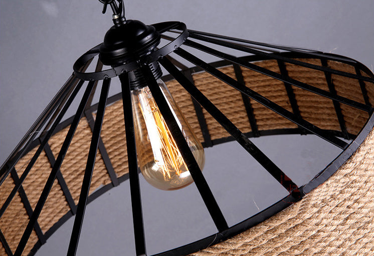 Vintage Black Mongolian Yurt Ceiling Light Hemp Rope1 Light Restaurant Hanging Pendant Lighting