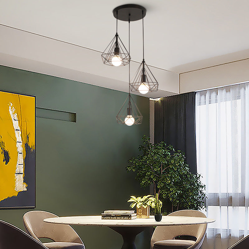 Diamond Iron Cluster Pendant Lighting Post-Modern Restaurant Hanging Lamp in  Black