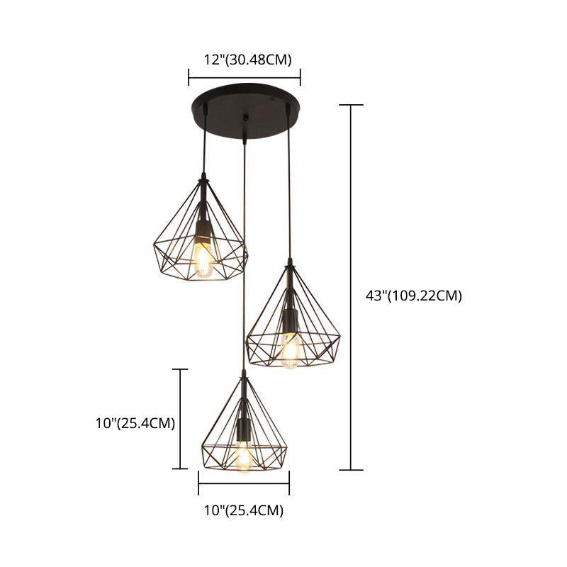Diamond Iron Cluster Pendant Lighting Post-Modern Restaurant Hanging Lamp in  Black