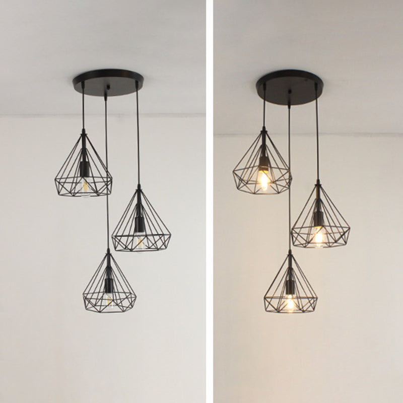 Diamond Iron Cluster Pendant Lighting Post-Modern Restaurant Hanging Lamp in  Black