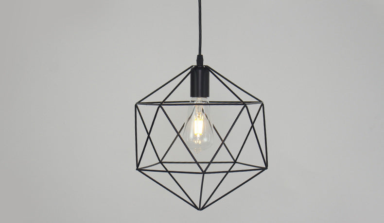 Black Metal 1 Light Pendant Light Nordic Retro Geometric Wire Cage Hanging Lamp for Restaurant