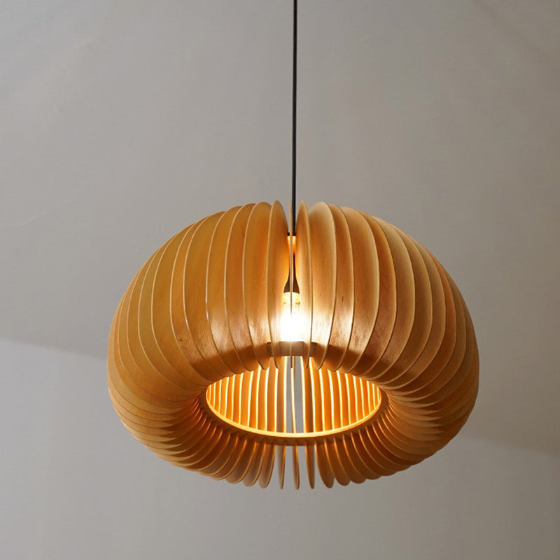Beige Wood Slatted Hanging Light Chinese Style 1 Light  Restaurant Ceiling Pendant Lamp
