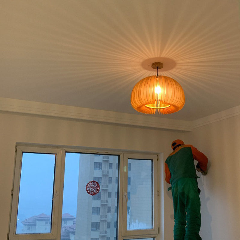 Beige Wood Slatted Hanging Light Chinese Style 1 Light  Restaurant Ceiling Pendant Lamp